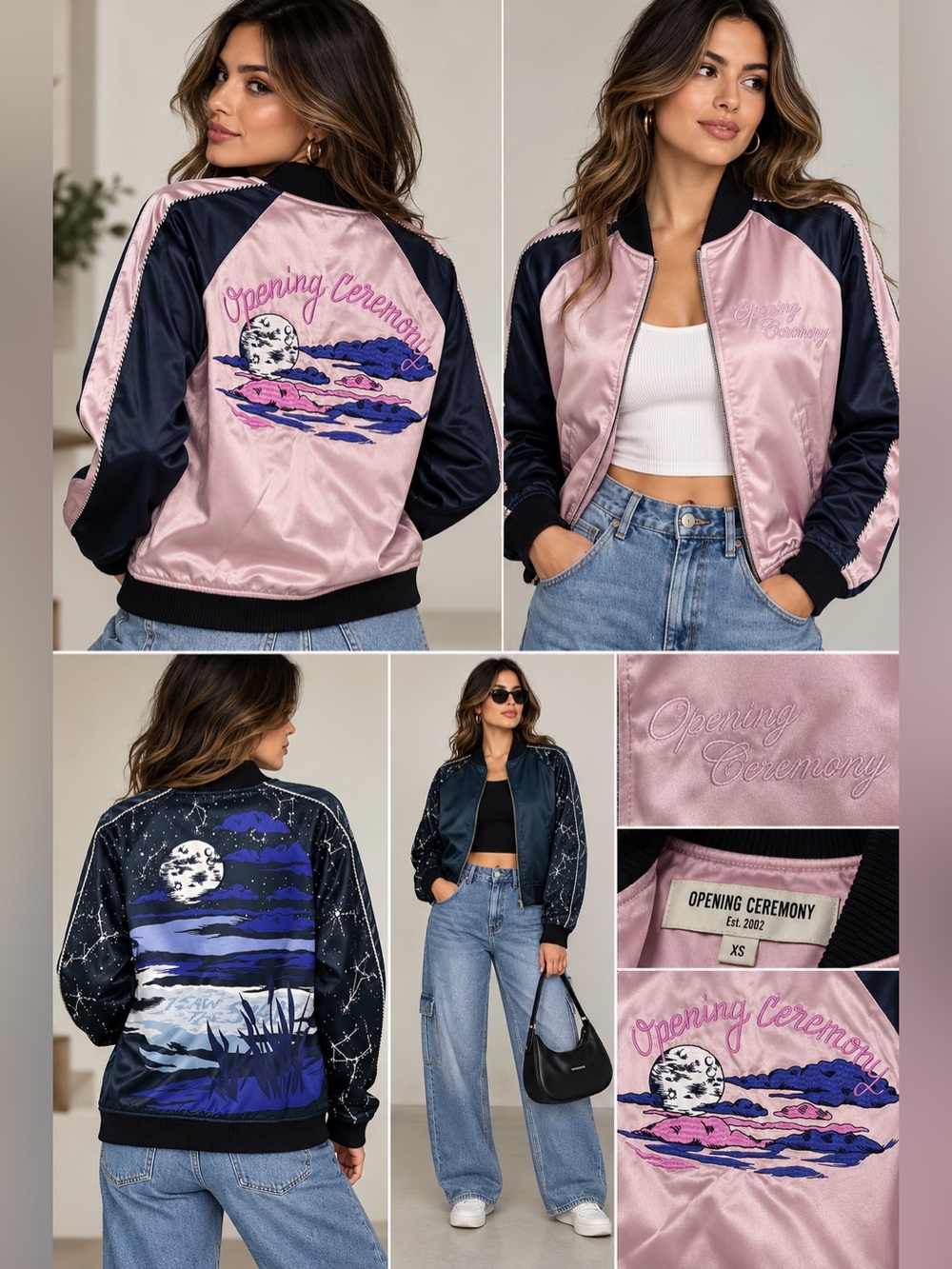 Opening Ceremony Reversible Silk Souvenir Bomber Jacket XS Pink Navy